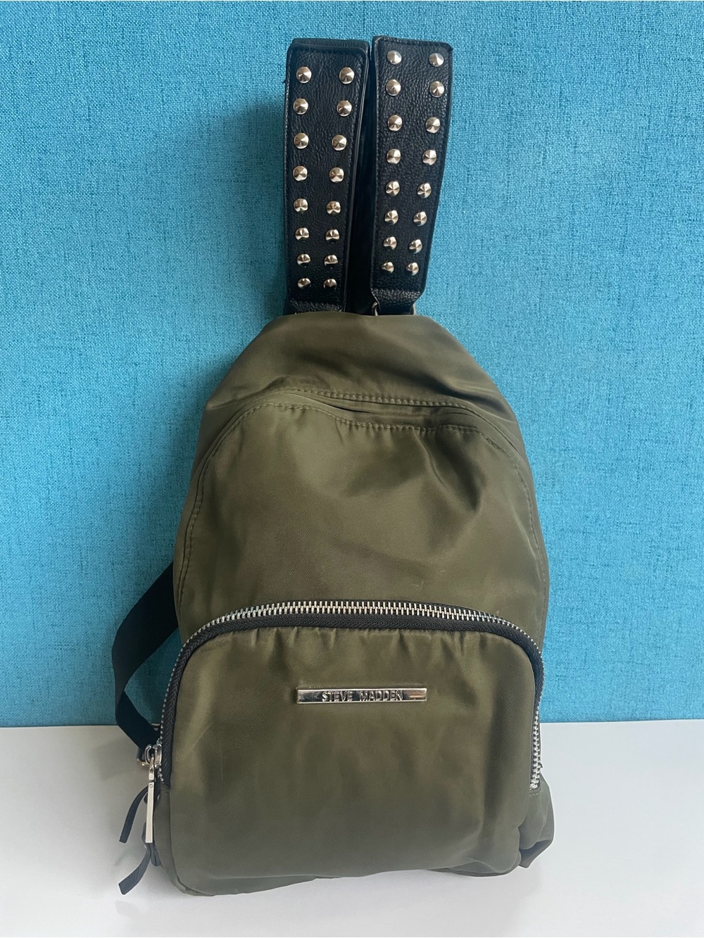 Steve Madden Olive Green Backpack with Studded Black Straps